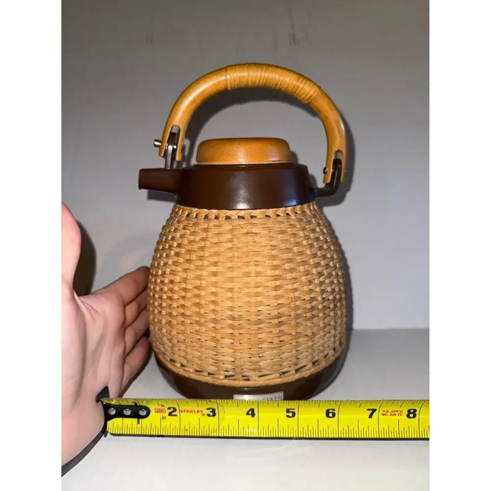 Vintage Corning Designs Rattan Wicker Coffee Carafe Tea Pot Bamboo Made In Japan